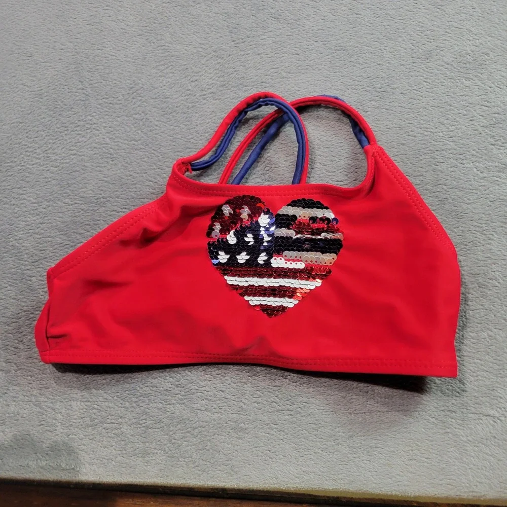 Bmagical Bikini Swim Top Girls 6 Red Heart American Flag Sequin Patriotic Summer